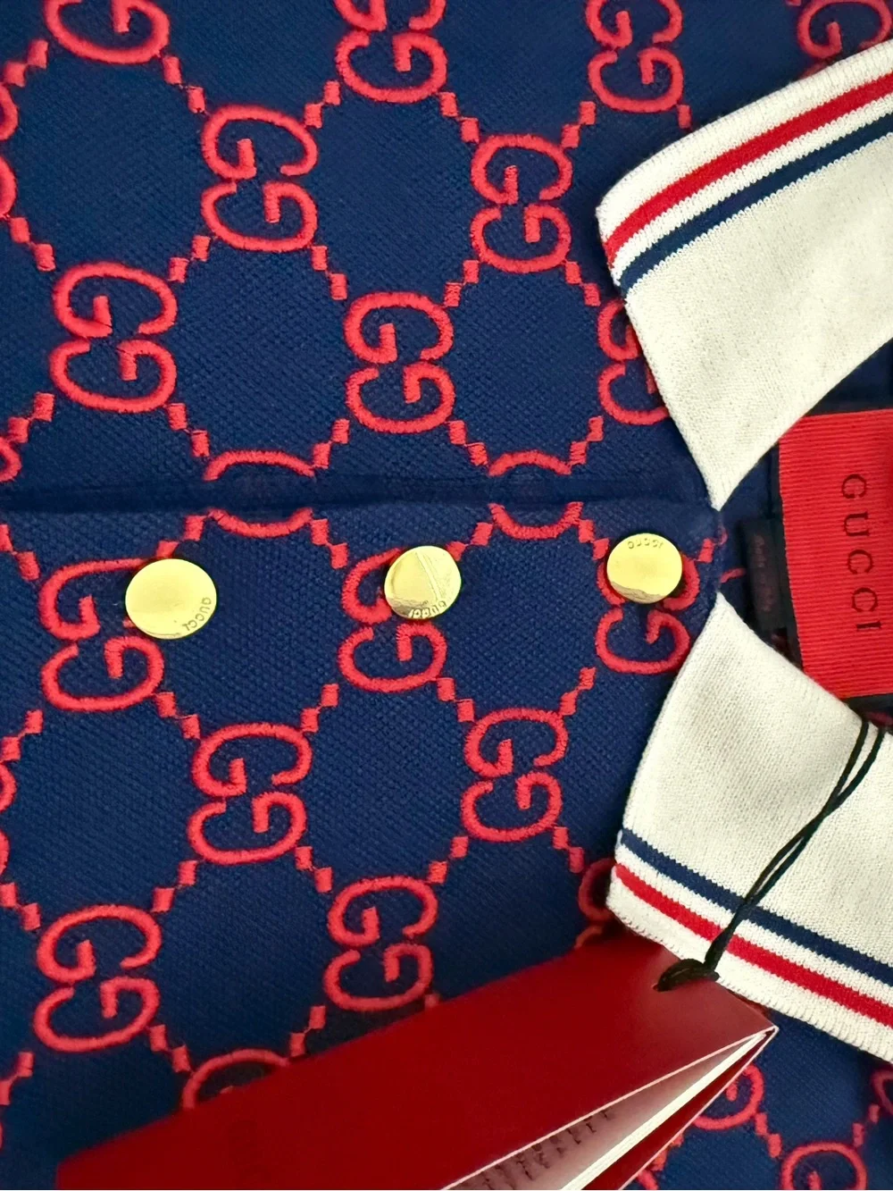 Gucci Navy Polo with Red GG Pattern and Cream Striped Collar